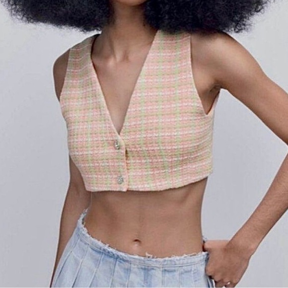 ZARA Tweed Crop Top Pink & Green Vest Jewel Buttons Size S • BLOGGER FAVORITE • - Picture 3 of 6